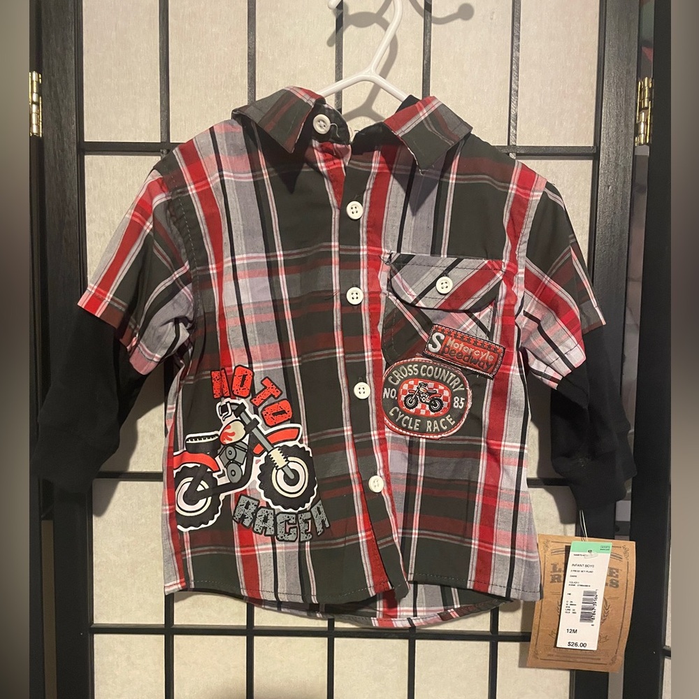 NWT Rebel Boys Cross Country Motorcycle Speedway Racer Plaid Hooded Shirt 12M
